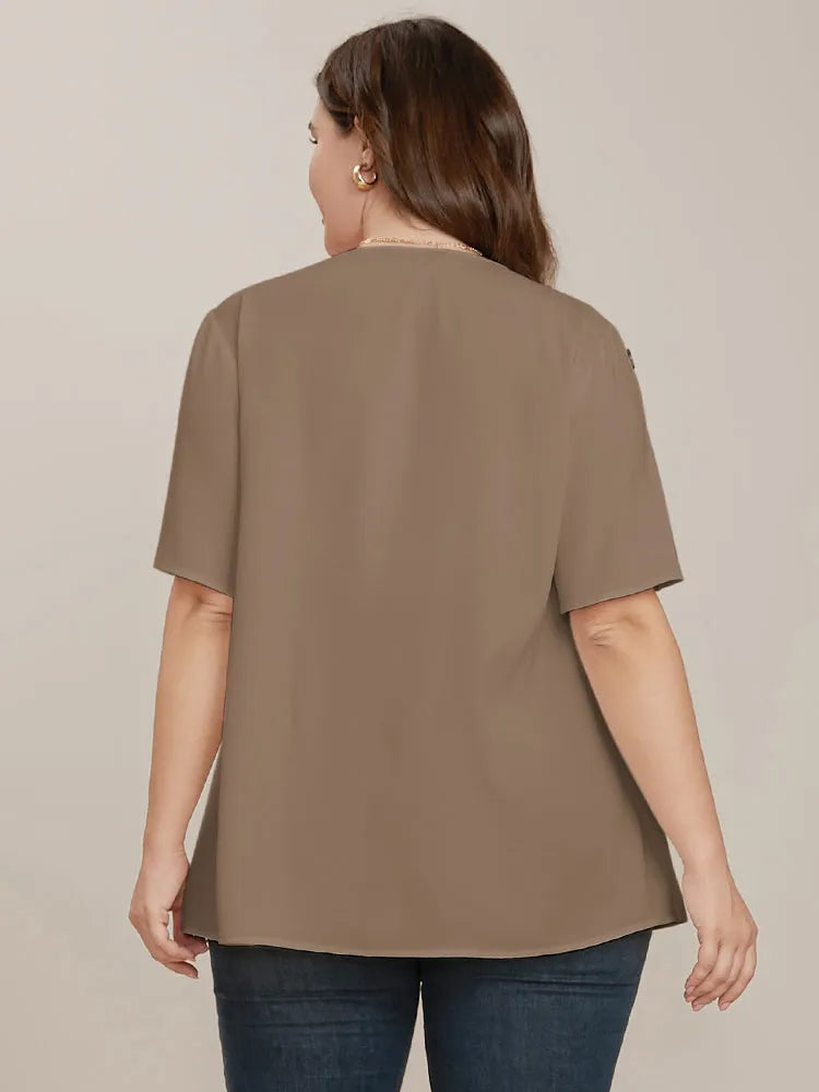 Plain Round Neck Button Detail Blouse