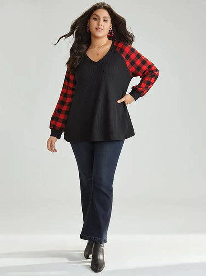 Waffle Knit Plaid Patchwork Raglan Sleeve T-Shirt