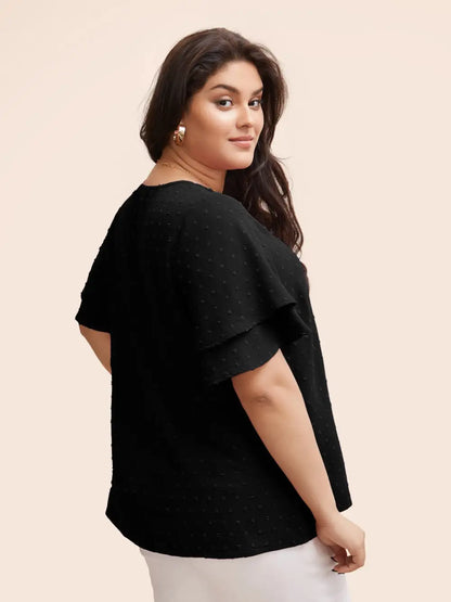 Plain Ruffle Tiered Sleeve V Neck Polka Dot Blouse
