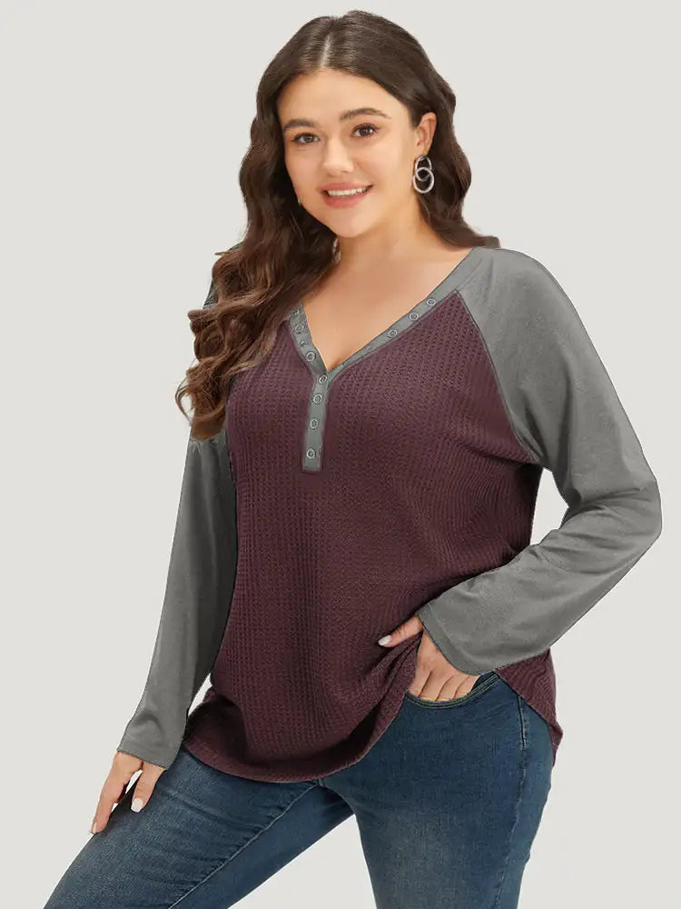 Waffle Knit Raglan Sleeve Metal Buckle Detail T-Shirt