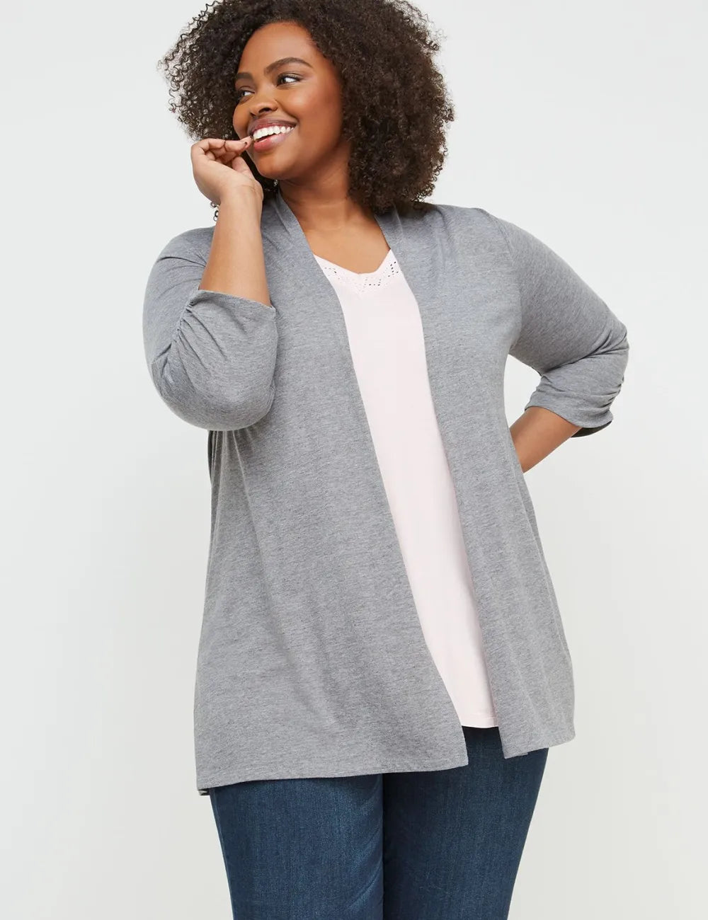 Classic 3/4 Ruched-Sleeve Open-Front Overpiece