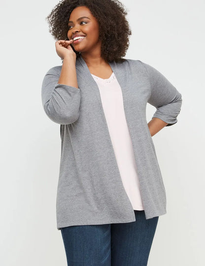 Classic 3/4 Ruched-Sleeve Open-Front Overpiece