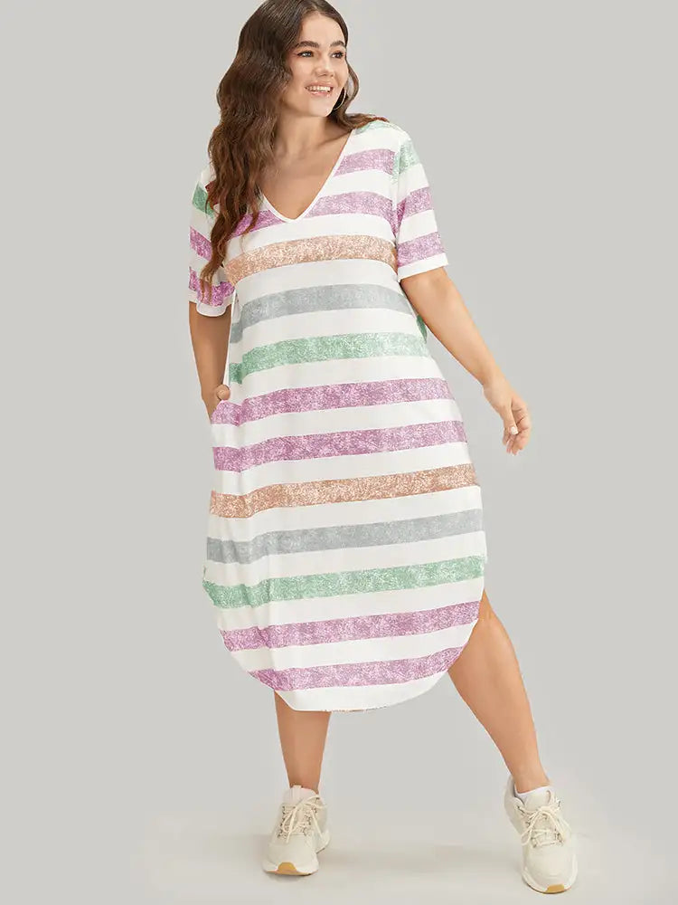 Striped Contrast Arc Hem V Neck Pocket Dress