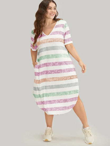 Striped Contrast Arc Hem V Neck Pocket Dress