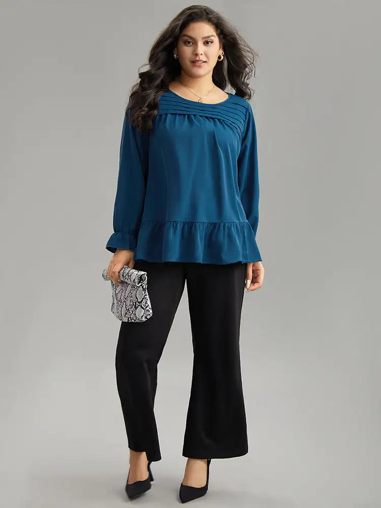 Static-Free Plain Pleated Ruffles Lantern Sleeve Blouse