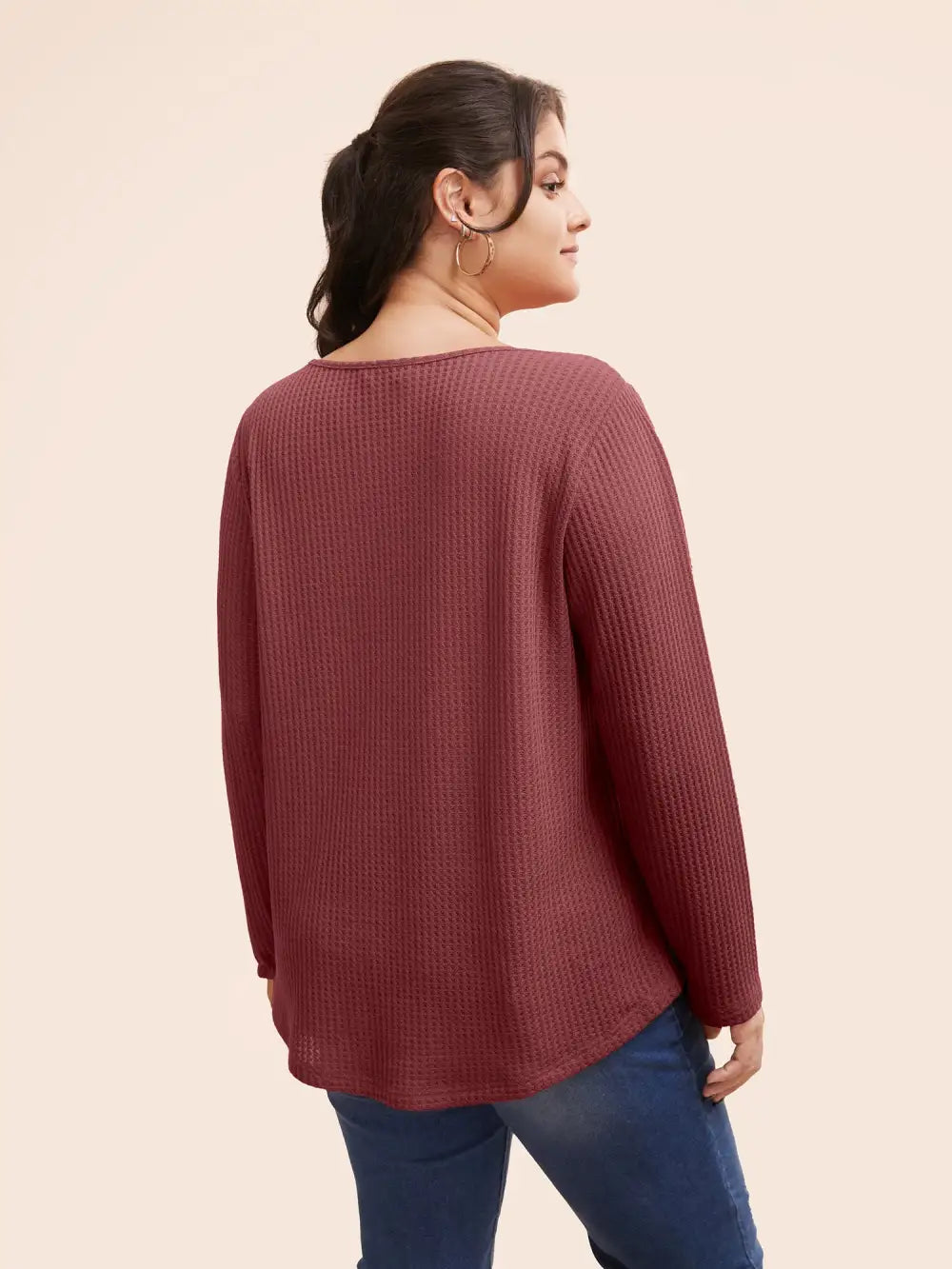 Plain Waffle Knit Scoop Neck Plicated Detail T-Shirt