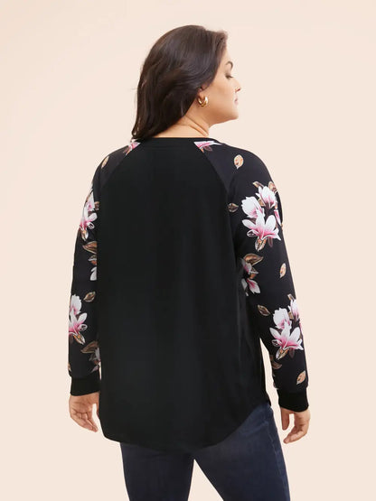 Floral Patchwork Crew Neck Raglan Sleeve Sweatshirt