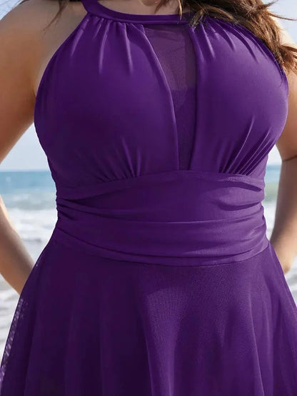 Knotted Back Mesh Insert Halter Swim Dress