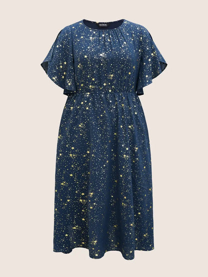 Glitter Star Split Sleeve Midi Dress