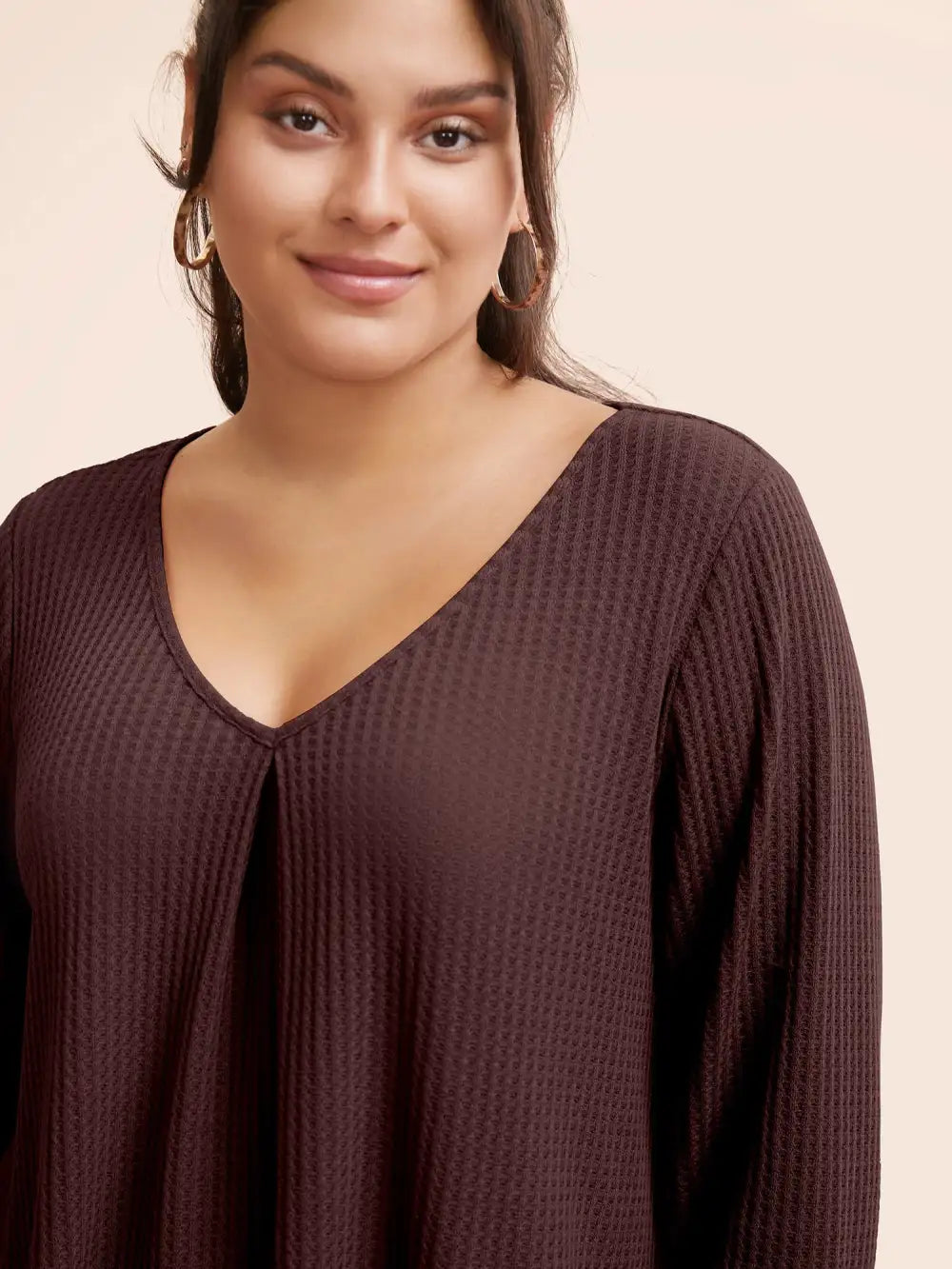 Plain Waffle Knit Scoop Neck Plicated Detail T-Shirt