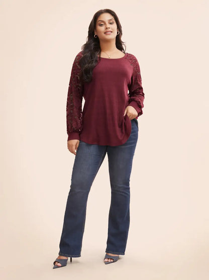 Plain Lace Panel Round Neck Raglan Sleeve T-Shirt