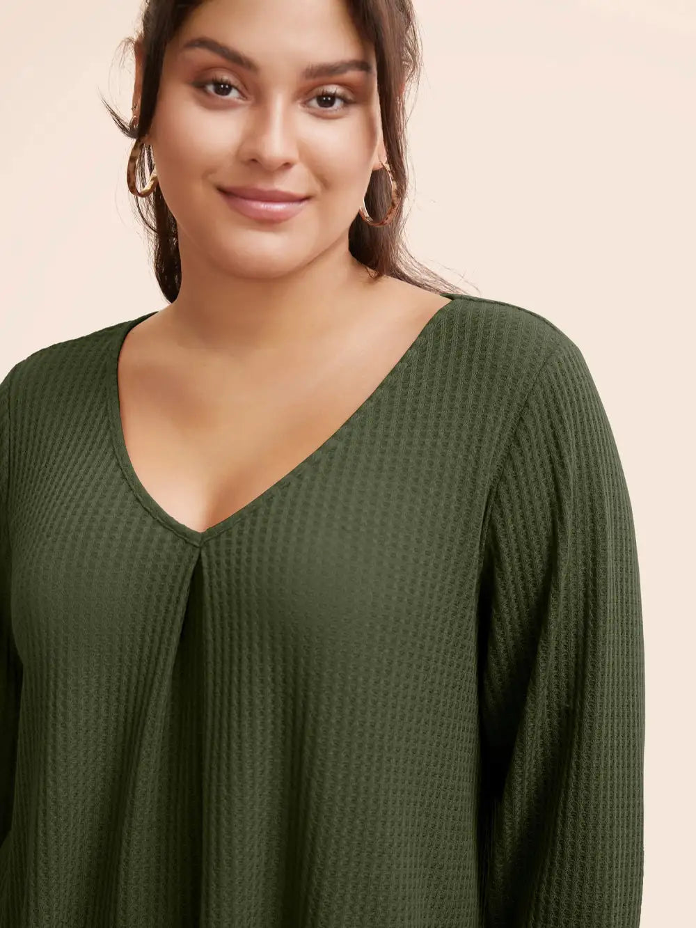 Plain Waffle Knit Scoop Neck Plicated Detail T-Shirt