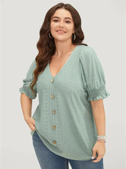 Plain Broderie Anglaise Shirred Puff Sleeve Button Detail T-shirt