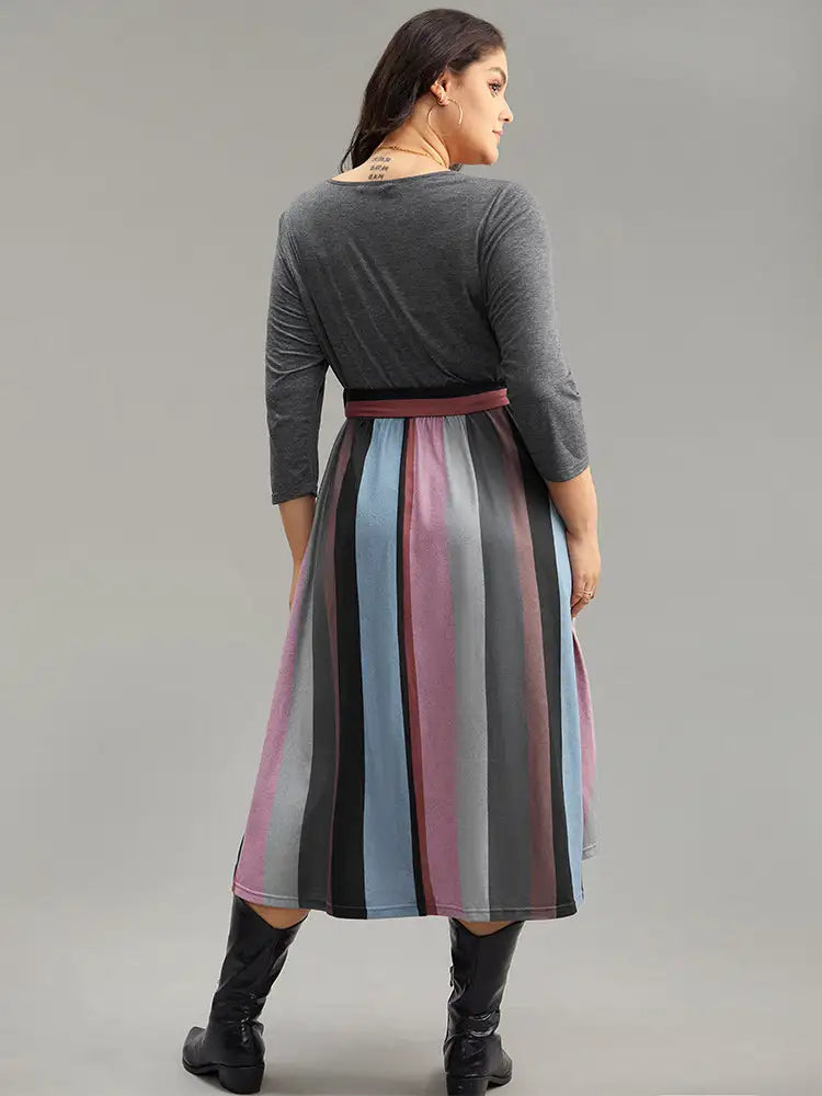 Striped Contrast Patchwork Belted Dress