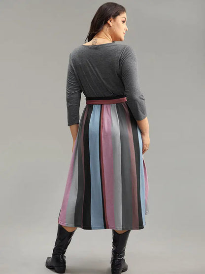 Striped Contrast Patchwork Belted Dress