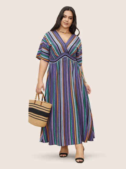 Striped Contrast Dolman Sleeve Shirred Pocket Split Flutter Dress