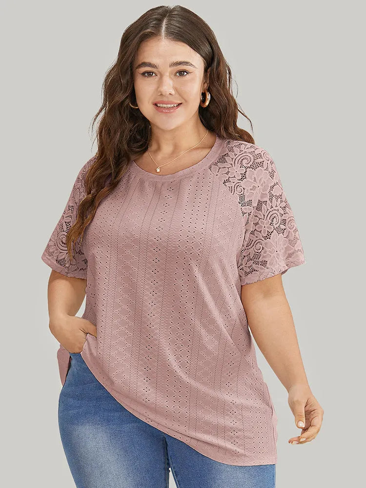 Solid Broderie Anglaise Lace Raglan Sleeve T-shirt