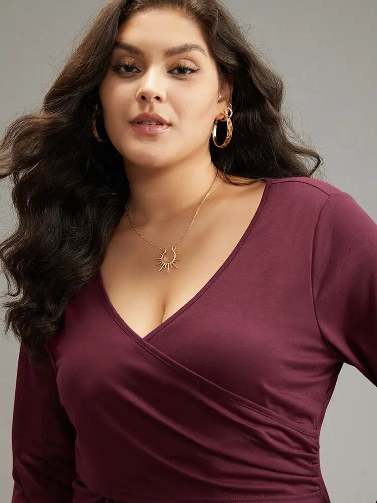 Solid Crossover V Neck Ruffle Hem T-Shirt