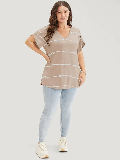 Striped Contrast Petal Sleeve T-shirt