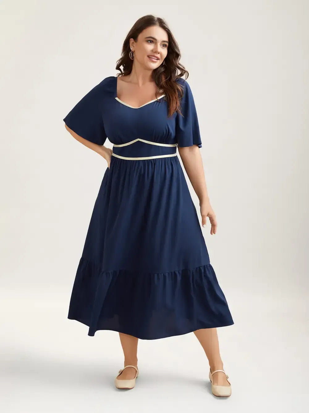 Textured Stretchy Waist Milkmaid Style Midi Dress