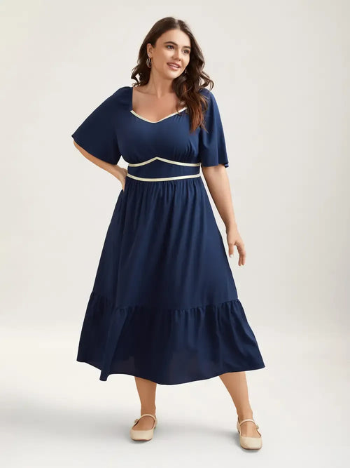 Textured Stretchy Waist Milkmaid Style Midi Dress