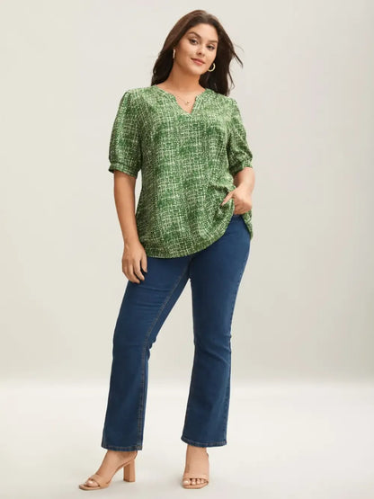 Geometric Print Puff Sleeve Blouse