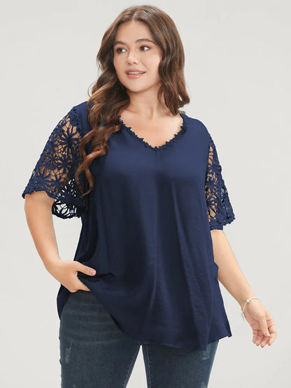 Plain V Neck Floral Patchwork Blouse