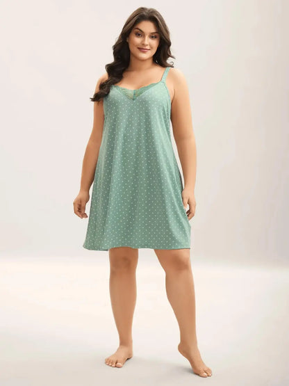 Lace Neck Polka Dots Textured Loungewear