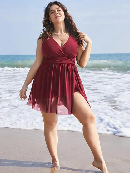 Sculpt Waist Ruched Split Hem Swim Dress