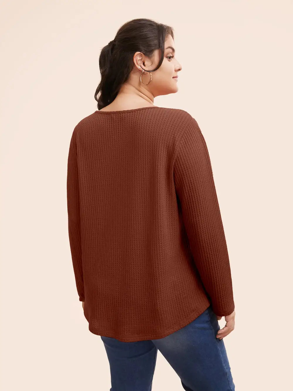 Plain Waffle Knit Scoop Neck Plicated Detail T-Shirt