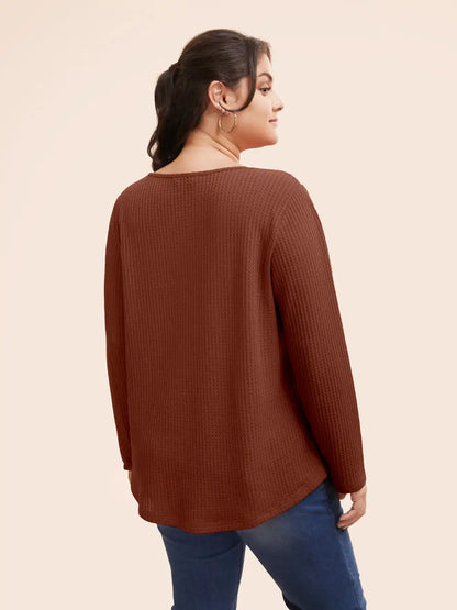 Plain Waffle Knit Scoop Neck Plicated Detail T-Shirt