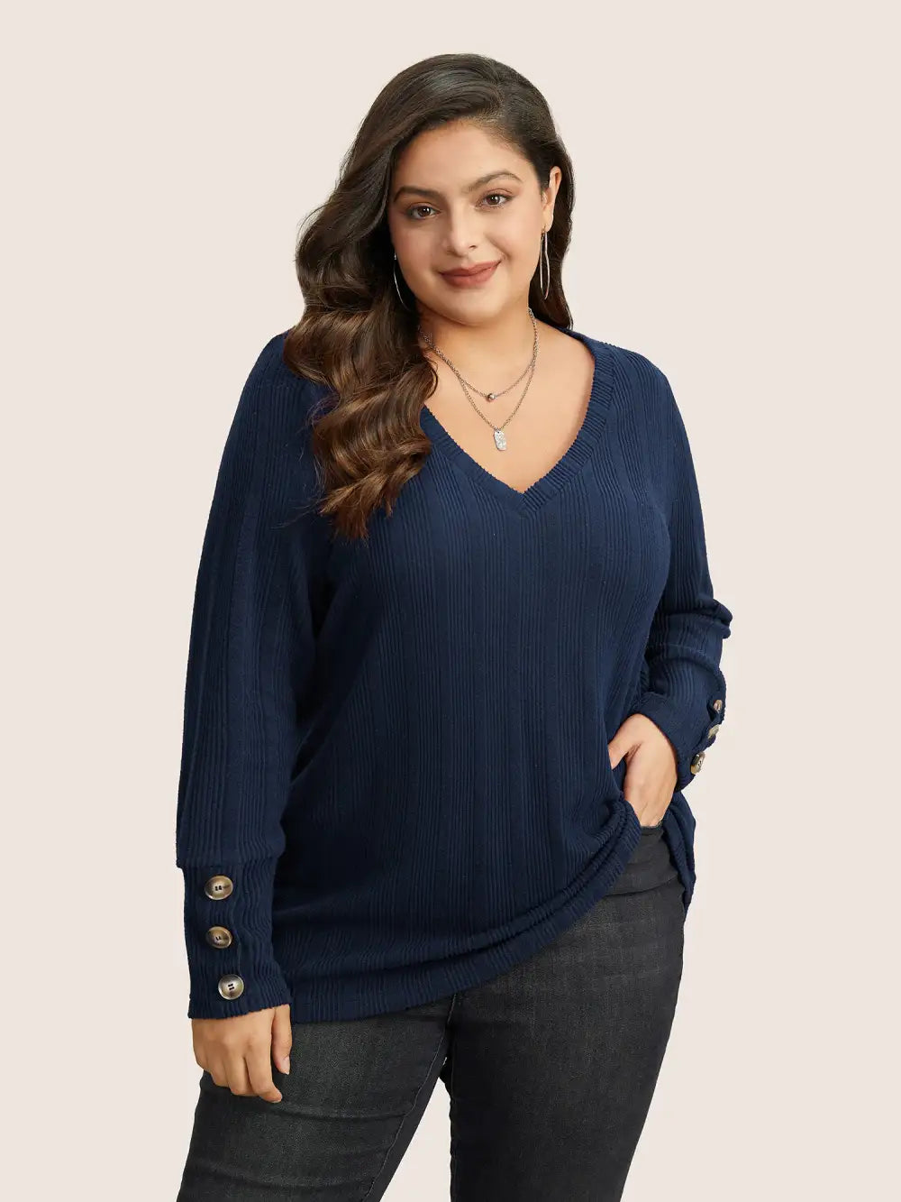 Rib Knit V Neck Button Detail T-Shirt