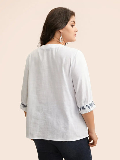 Cotton Floral Embroidered Notched Collar Frill Trim Blouse