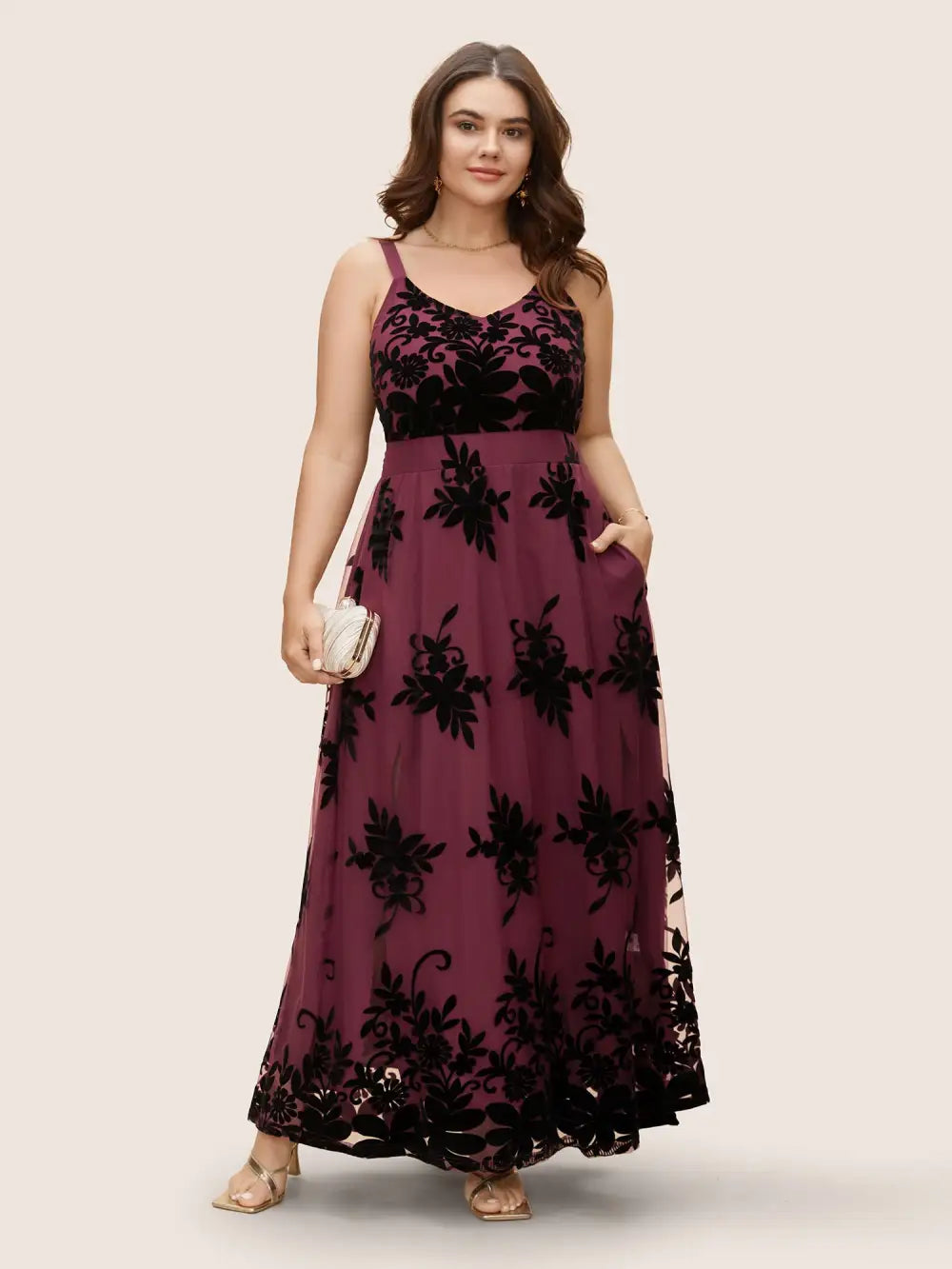 Floral Flocked Tulle Split Hem Dress