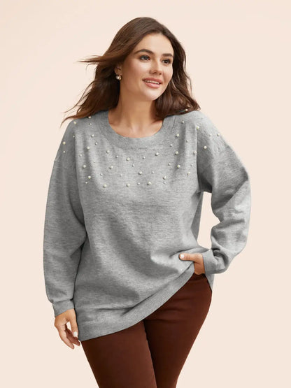 Round Neck Pearl Beaded Pullover