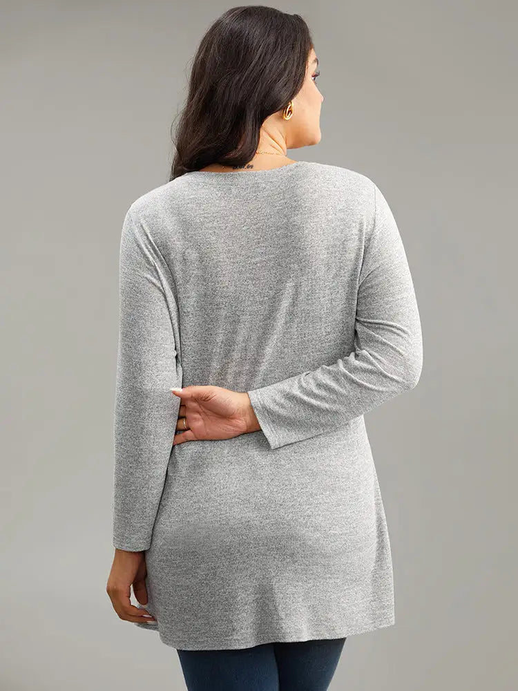 Contrast Patchwork Crew Neck Button Detail T-Shirt