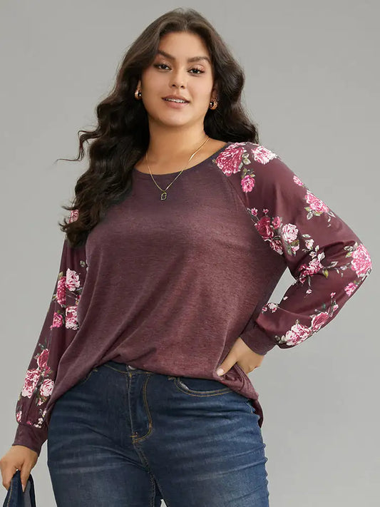 Floral Patchwork Crew Neck Raglan Sleeve T-Shirt
