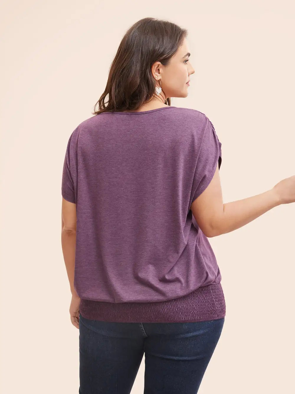 Solid Ruched Batwing Sleeve Shirred Hem T-Shirt