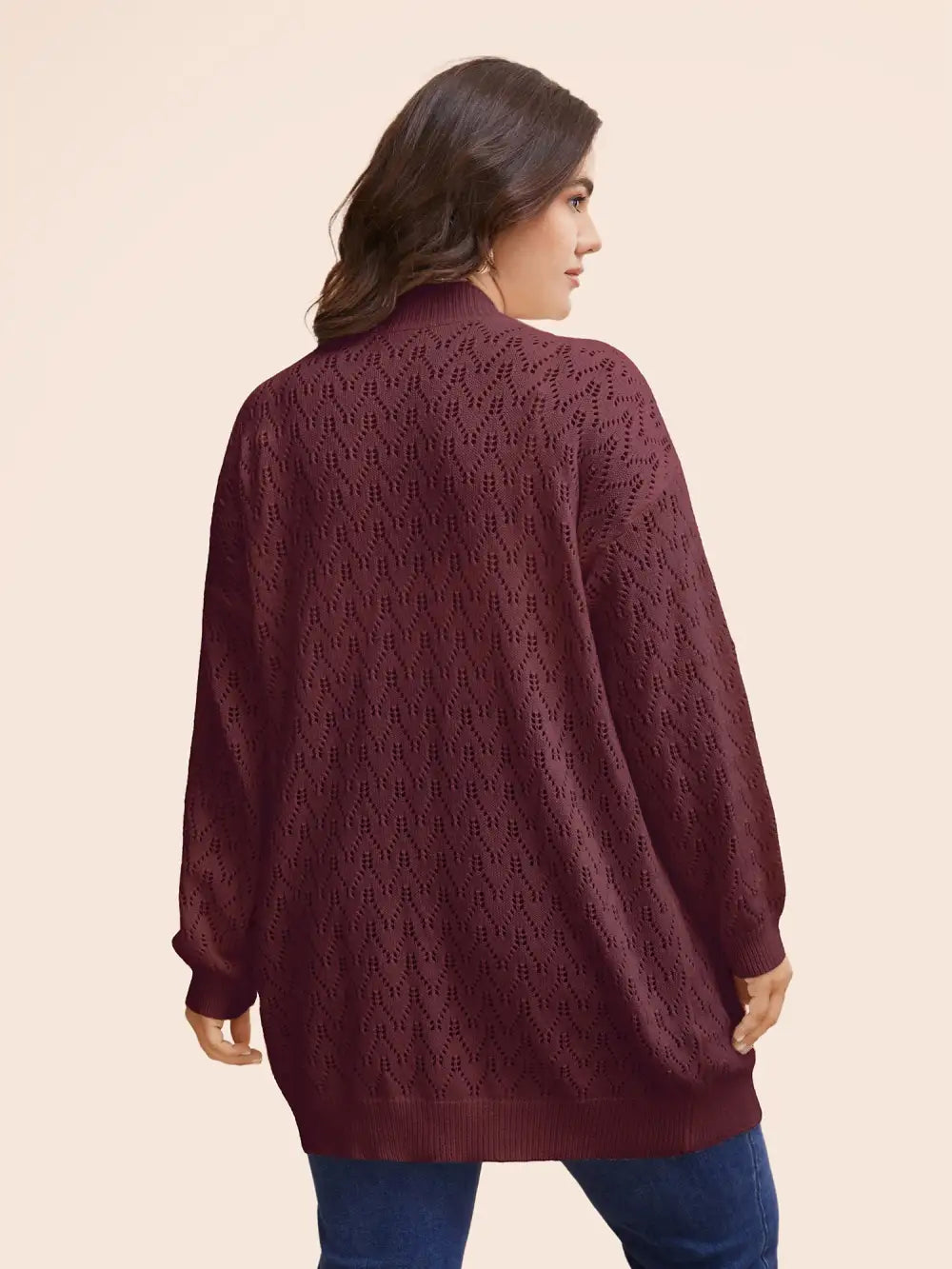Kimono Collar Patch Pocket Pointelle Knit Cardigan