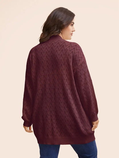 Kimono Collar Patch Pocket Pointelle Knit Cardigan