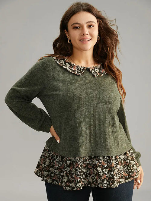 Ditsy Floral Patchwork Button Detail Lapel Collar T-Shirt