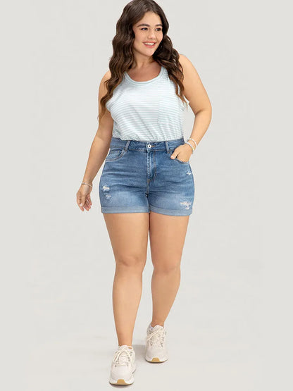 Skinny Very Stretchy Light Wash Roll Hem Distressed Denim Shorts