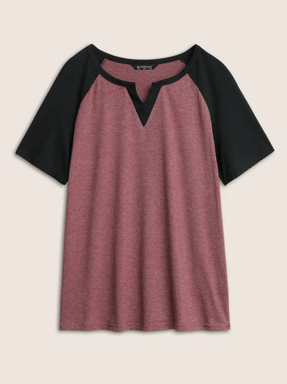 Colorblock Contrast Notched Raglan Sleeve T-Shirt