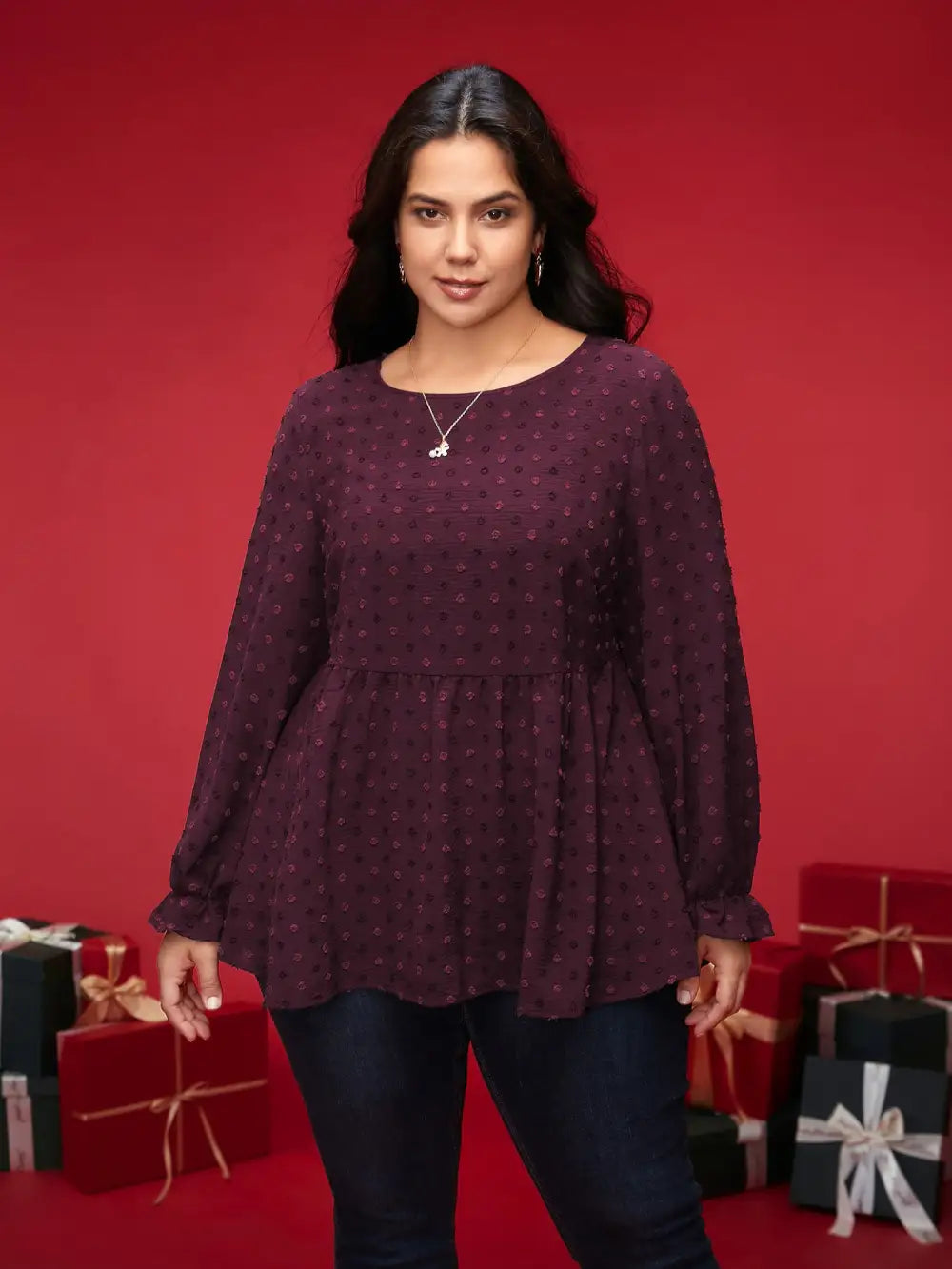 Textured Dot Elastic Cuffs A-Line Blouse
