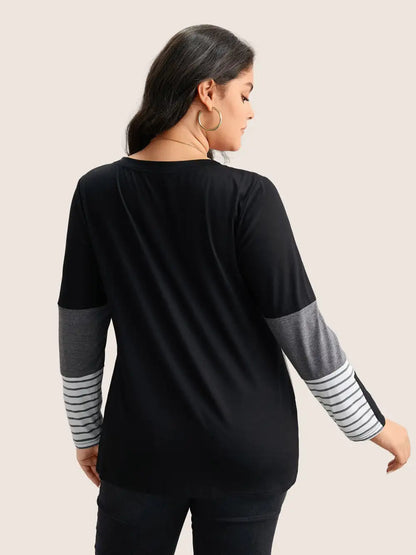 Colorblock Contrast Striped V Neck T-Shirt
