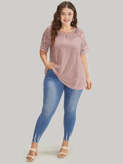 Solid Broderie Anglaise Lace Raglan Sleeve T-shirt