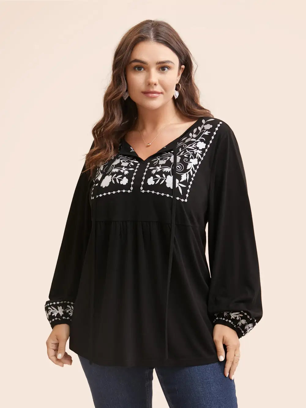 Floral Embroidered Knot Neck Lantern Sleeve T-Shirt