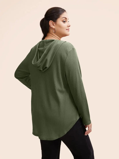 Waffle Knit Pocket Hooded Drawstring Arc Hem T-Shirt