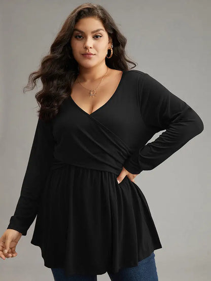 Solid Crossover V Neck Ruffle Hem T-Shirt