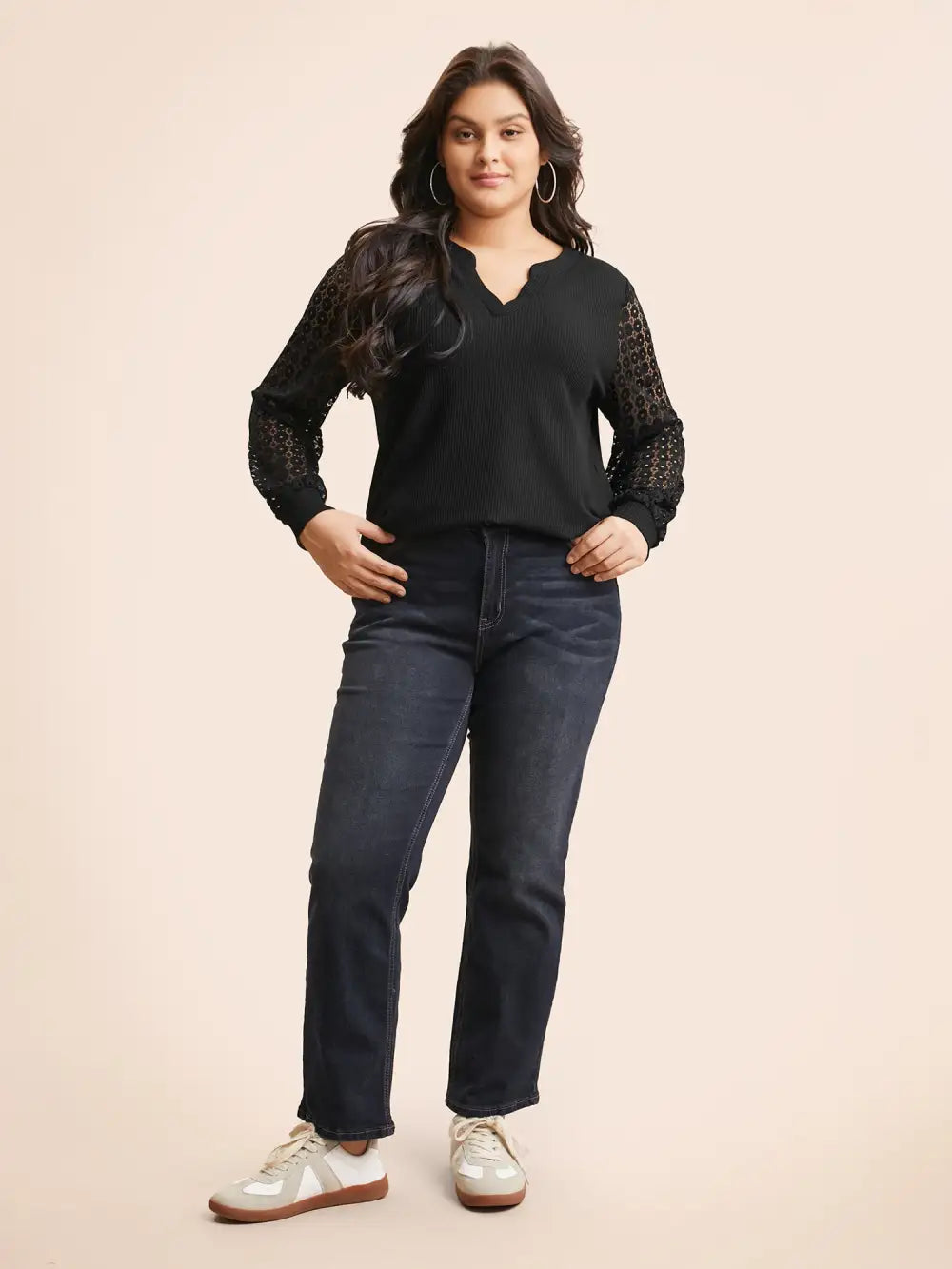 Notched Crochet Lace Mesh T-Shirt